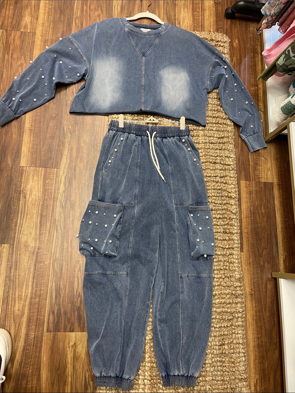 Pearl-Embellished Denim Sweatshirt & Joggers Set - Washed Blue Size S/M